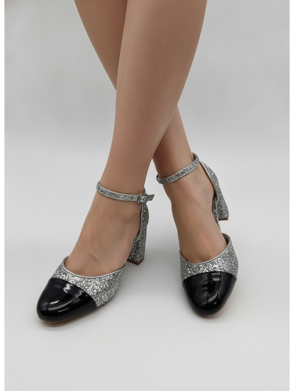 On 34th Dottip Silver Glitter and Black Patent Leather Ankle